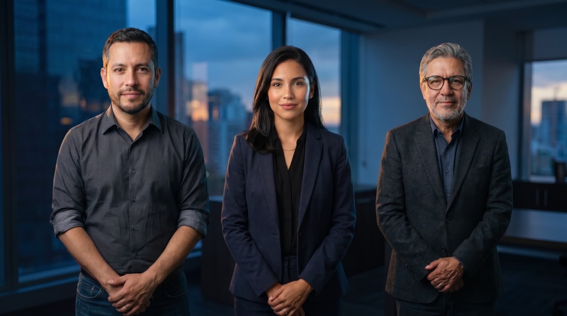 El equipo de HRSVault de pie, mirando de frente, con la ciudad al anochecer